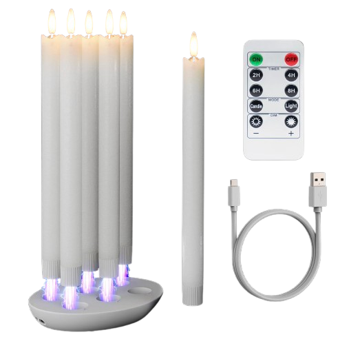 Set of six rechargeable flameless taper candles with realistic flickering LED flames, shown with charging base, remote control, and USB charging cable.