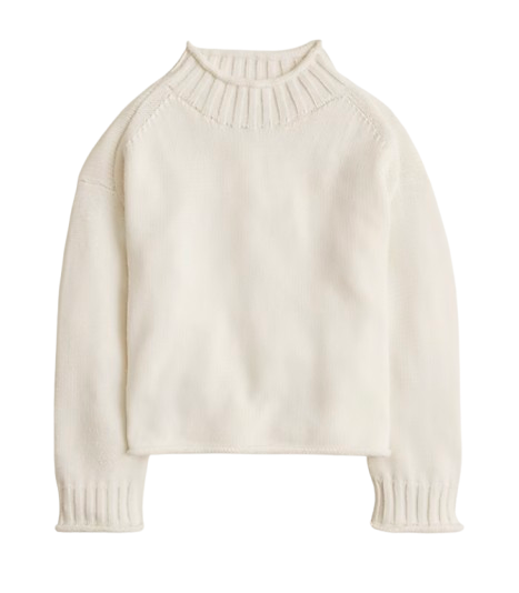 J.Crew rollneck sweater in ivory with a chunky ribbed knit, featuring a structured turtleneck, hip-length cut, and substantial weight designed to tuck smoothly without bulk.