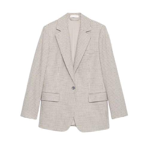 Banana Republic boyfriend blazer in a light neutral plaid Italian flannel, featuring structured shoulders, classic lapels, and a relaxed tailored fit that layers comfortably over knit sweaters.