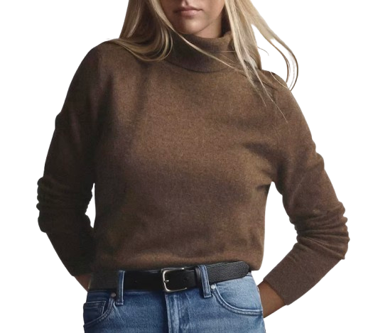 Quince cashmere turtleneck sweater in a rich brown shade, featuring a slim chunky knit with fine ribbed texture and a streamlined fit designed for easy layering under blazers.