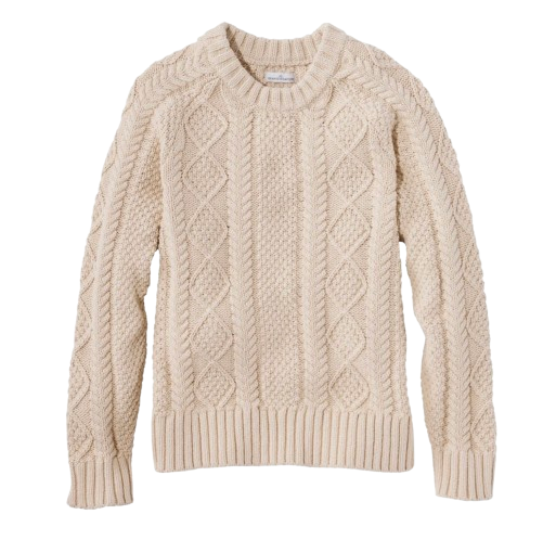 L.L.Bean Signature cotton fisherman sweater in a soft cream shade, featuring classic cable-knit stitching, ribbed cuffs and hem, and a hip-length silhouette with substantial structure.
