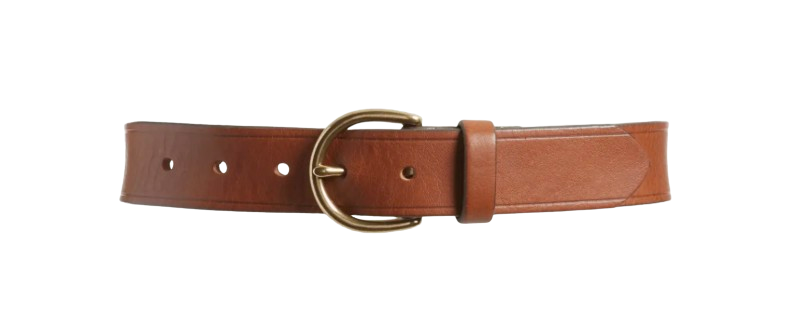 Madewell medium-width leather belt in warm brown with a classic brass buckle, designed to define the waist and layer easily over chunky knit sweaters or denim.