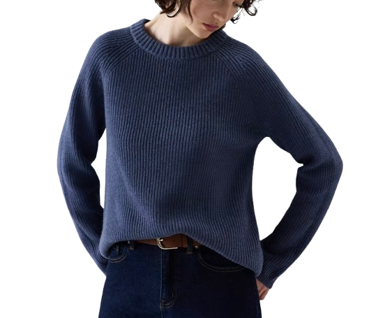 Quince Mongolian cashmere fisherman crewneck sweater in a soft blue tone, featuring chunky cable-knit stitching, a classic crew neckline, and a relaxed fit that hits at the hip.