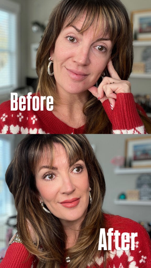 Before and after makeup comparison showing bare face versus complete simple makeup routine with skin tint, concealer, brows, eyeshadow, mascara, blush and glossy lip