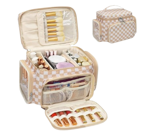 Large checkered travel makeup bag organizer with multiple compartments showing interior storage for cosmetics and brushes