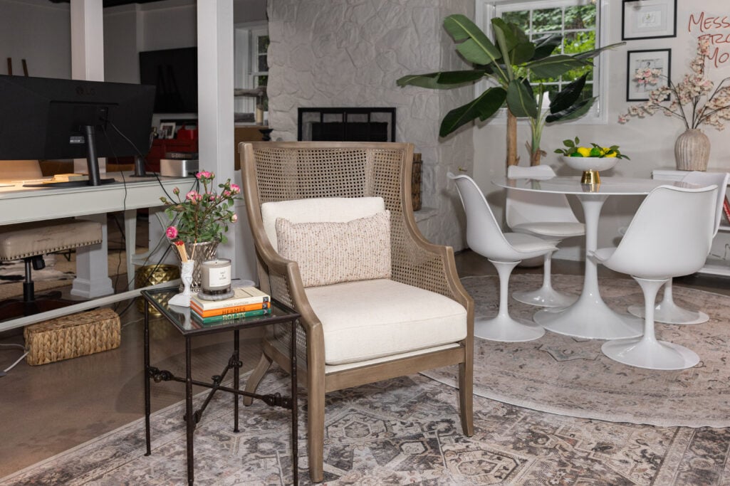 Kamran Hazel Rectangle Ruggable rug in Beth Djalali's basement home office and YouTube studio.