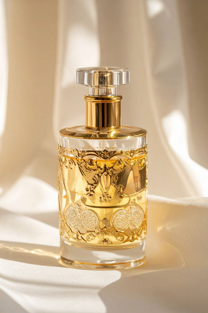 Elegant perfume bottle filled with golden fragrance, featuring an ornate embossed glass design and clear crystal cap, photographed in soft natural light with sheer fabric shadows in the background.