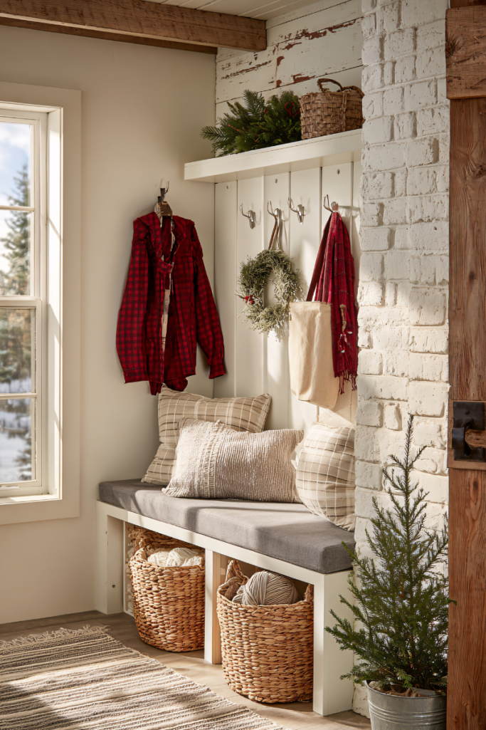 Cozy farmhouse-style entryway with built-in bench seating, neutral throw pillows, woven storage baskets underneath, and wall hooks holding a red plaid shirt, scarf, and wreath, styled with greenery and rustic wood accents.