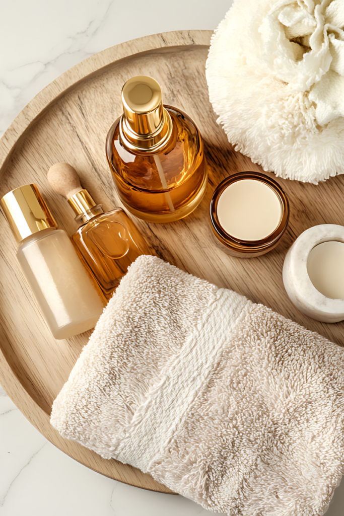 Spa-inspired flat lay of neutral-toned skincare bottles, a cream jar, and plush beige towels arranged on a round wooden tray, creating a calm, self-care–focused bathroom aesthetic.