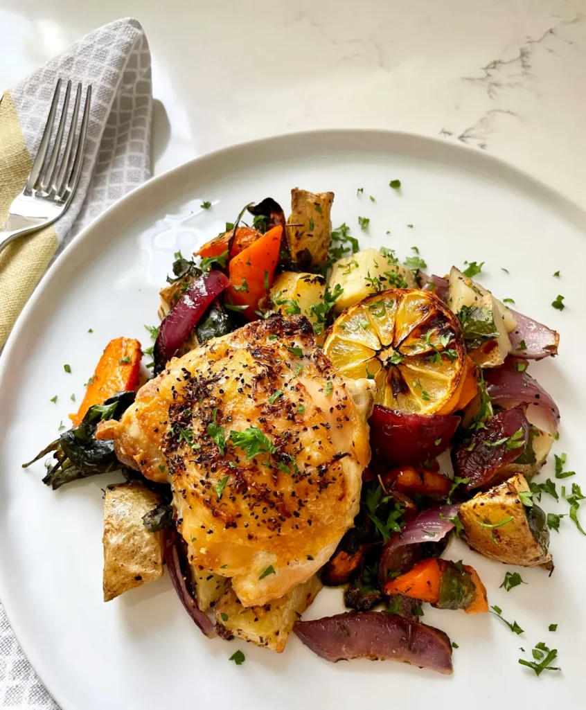 Plated lemon pepper sheet pan chicken dinner with roasted vegetables on a white plate with fork and napkin, garnished with fresh parsley