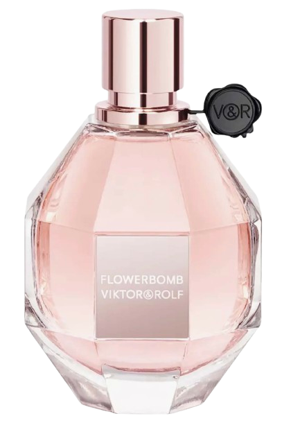 Faceted blush-pink glass bottle of Viktor & Rolf Flowerbomb eau de parfum with rose-gold cap and black wax seal, shown on a white background.