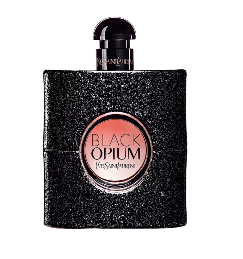 Black glittered square bottle of Yves Saint Laurent Black Opium eau de parfum with round pink center label and glossy black cap, photographed on a white background.