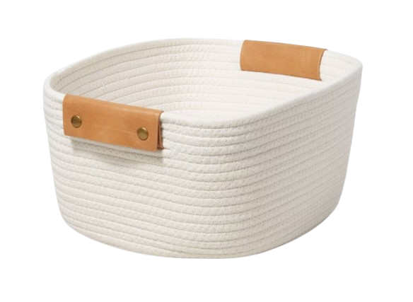 Brightroom woven rope storage basket in natural white with leather handle accents, used for organizing scarves, gloves, and everyday entryway accessories.