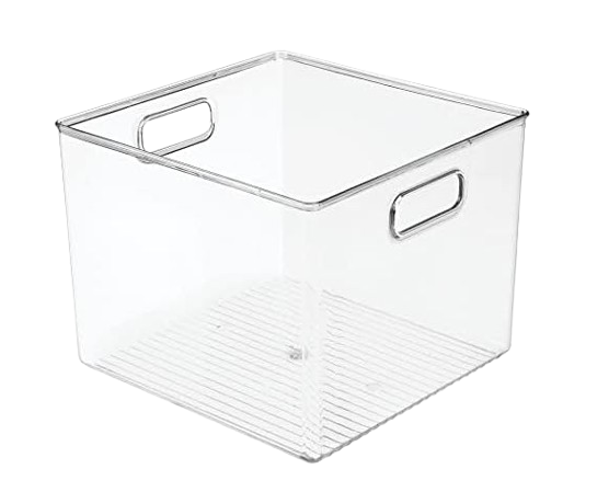 Clear mDesign plastic storage bin with built-in side handles, ideal for organizing pantry staples, snacks, or household items.