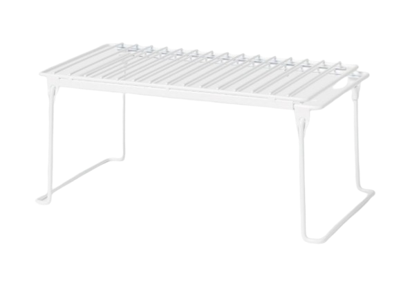White metal Brightroom expandable and stackable cabinet shelf organizer, used to create extra vertical storage in kitchen cabinets or pantries.