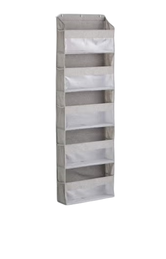 Over-the-door fabric pantry organizer with multiple clear front pockets, designed to store snacks, spices, and small pantry items.