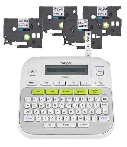 Brother P-touch label maker with QWERTY keyboard and digital display, shown with label tape cartridges for organizing pantry containers and storage bins.