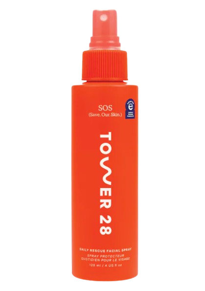 Bright orange Tower 28 SOS Daily Rescue Facial Spray bottle, a hypochlorous acid mist that calms redness, irritation, and acne-prone sensitive skin.