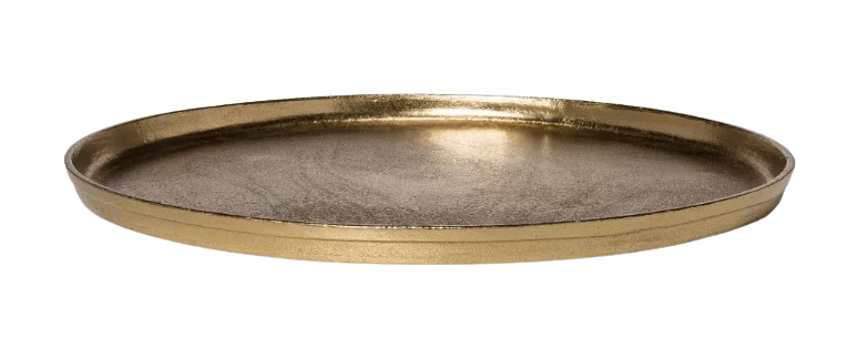 Brushed brass round tray with raised edges, shown on a neutral background, ideal for corralling keys, candles, or small decor items.