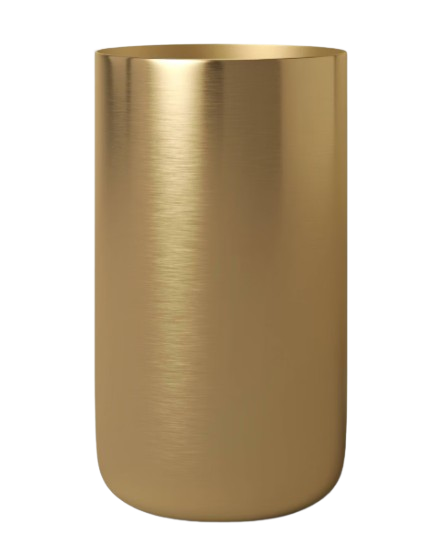 Minimalist brushed brass cylinder vase with a smooth matte gold finish and clean modern silhouette.