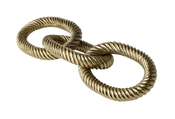 Gold rope-style decorative knot sculpture with textured detailing, displayed on a white background as a modern accent for shelves or coffee tables.