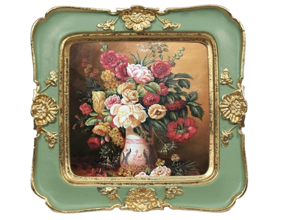 Vintage-style floral artwork featuring a bouquet of roses in a vase, set in an ornate green and gold frame.