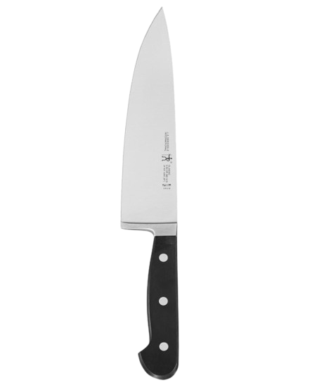 HENCKELS Classic 8-inch chef’s knife with stainless steel blade and triple-riveted black handle. Versatile kitchen knife designed for chopping, slicing, and dicing meats and vegetables.