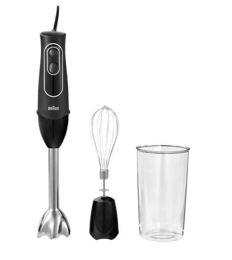Braun MultiQuick 5 immersion hand blender with stainless steel blending shaft, whisk attachment, and measuring beaker. Compact kitchen tool for blending soups, sauces, and smoothies.