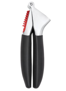 OXO Good Grips garlic press with soft black handles and stainless steel pressing chamber. Ergonomic design for easily crushing garlic cloves with minimal effort.