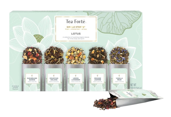 Tea Forté Single Steeps Lotus tea collection featuring assorted loose-leaf tea pouches, including Darjeeling Quince, Mountain Oolong, Lemon Lavender, Orange Jasmine, and Vanilla Pear, packaged in a decorative gift box.