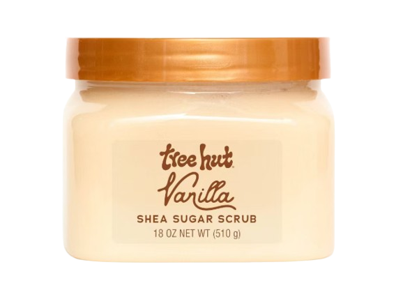 Tree Hut Vanilla Shea Sugar Scrub in a clear jar with tan lid. Exfoliating body scrub made with sugar and shea butter to smooth and soften skin, scented with warm vanilla.