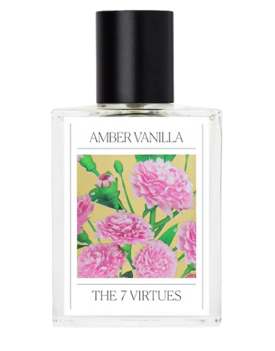 The 7 Virtues Amber Vanilla Eau de Parfum in a clear rectangular bottle with floral label, a warm gourmand fragrance blending vanilla, amber, and soft floral notes.