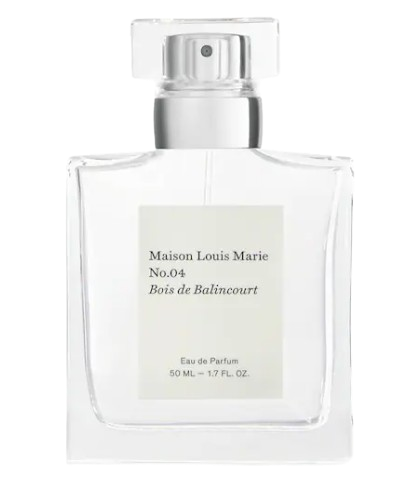 Maison Louis Marie No.04 Bois de Balincourt Eau de Parfum in a clear glass bottle, a woody fragrance with sandalwood, cedarwood, and warm amber undertones.