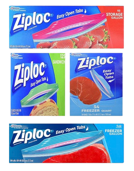 Assorted Ziploc freezer and storage bags in gallon, quart, and sandwich sizes, shown in branded packaging with easy-open tabs for freezer organization.