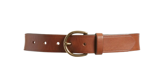 Medium-width brown leather belt with a rounded brass buckle and classic punched holes, shown against a neutral background.