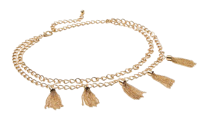 Gold-tone double-chain belt with dangling tassel accents, designed to sit at the waist or hips for added polish.
