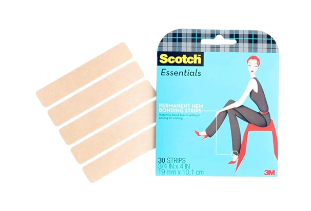 Scotch Essentials permanent hem bonding strips with packaging, showing fabric adhesive strips for no-sew hemming.
