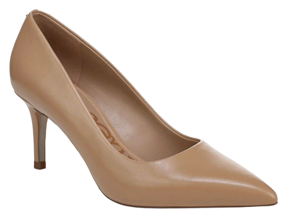 Pointed-toe leather pump in a neutral French sand shade with a slim heel, shown from a side angle.