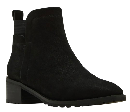 Black waterproof ankle boot with a low block heel and elastic side panels, designed for all-weather wear.