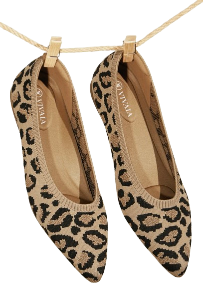 Pointed-toe ballet flats in a leopard knit pattern, shown hanging side by side to highlight the textured fabric and silhouette.