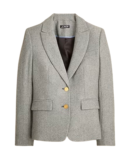 J.Crew École blazer in gray herringbone wool blend with notched lapels, gold buttons, and tailored structure.