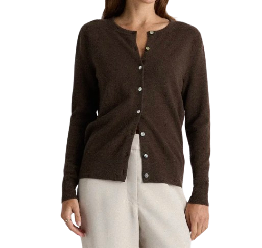 Quince Mongolian cashmere cardigan in rich brown with a crew neckline, button front, and soft, lightweight knit texture.