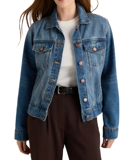 Quince organic cotton denim jacket in a medium wash with button-front closure, chest pockets, and classic jean jacket styling.
