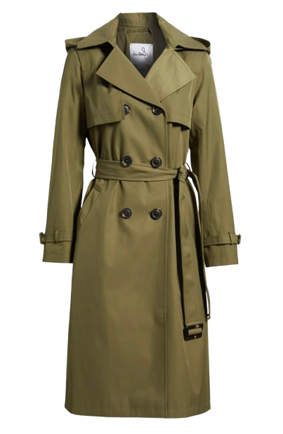 Sam Edelman double-breasted trench coat in olive green with a belted waist, wide lapels, and tailored silhouette.