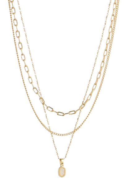 Kendra Scott Mini Elisa gold triple-strand necklace featuring layered chain links and a small oval pendant for a delicate layered look.