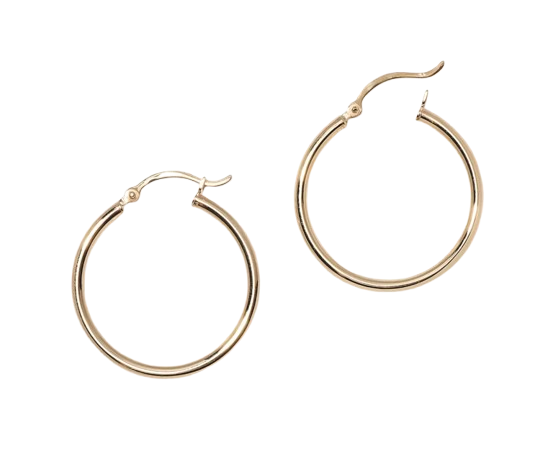 Quince gold tube hoop earrings with a sleek, minimalist design and polished finish, shown on a black background.