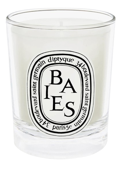 Diptyque Baies scented candle in a clear glass jar with iconic black-and-white oval label, featuring notes of blackcurrant and rose.