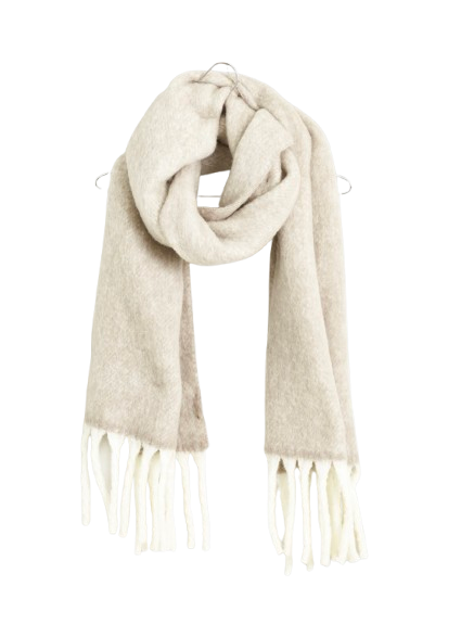 Madewell brushed wool-blend scarf in a light neutral beige with soft texture and fringed ends, styled draped for warmth and layering.