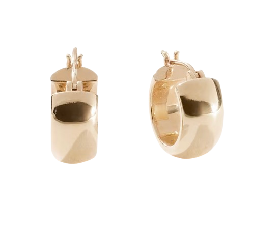Quince 14K gold wide huggie earrings with a smooth, polished finish and hinged closure, shown as a pair on a black background.