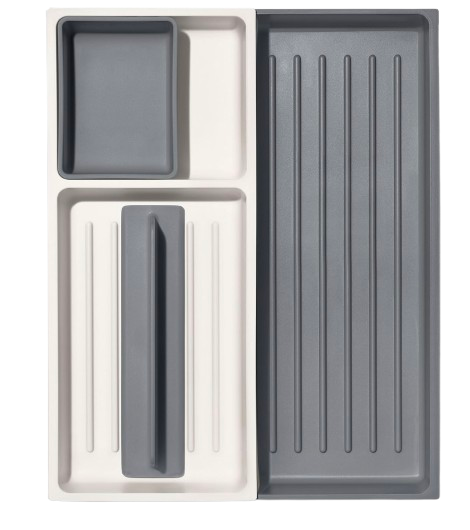 Expandable drawer organizer with divided compartments in gray and white, designed to store utensils and kitchen tools neatly.